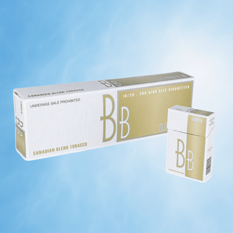 BB Lights cigarettes carton on light blue background