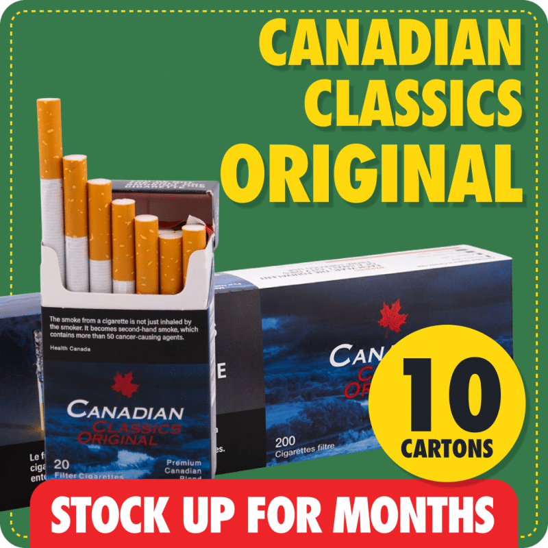 Canadian Classics Original stock up bundle with 10 blue cartons, green background and red stock up text