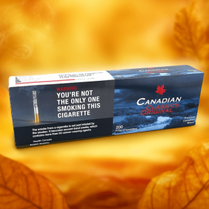 Carton of Canadian Classics Original cigarettes on an orange background with tobacco leaves