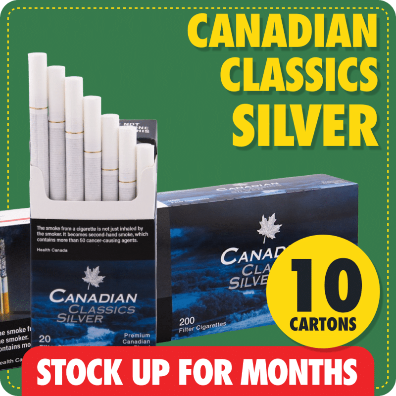 Canadian Classics Silver bundle showing 10 grey cartons with green background and stock up message