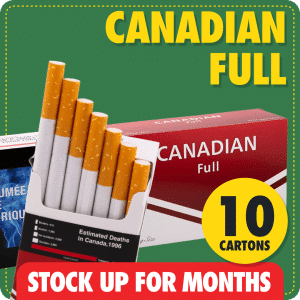 Canadian Full stock up bundle with 10 cartons stacked in front of city skyline background, red stock up for months banner