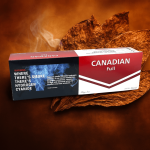 Carton of Canadian Full cigarettes on an amber background with tobacco leaves