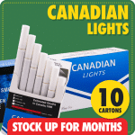 Canadian Lights stock up bundle with 10 cartons stacked, green background and red months-long supply banner