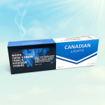 Carton of Canadian Lights cigarettes on a blue sky background