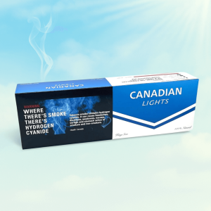 Carton of Canadian Lights cigarettes on a blue sky background