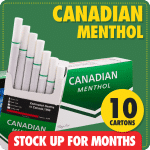 Canadian Menthol stock up bundle showing 10 cartons with mint green background and stock up for months message