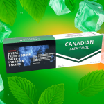 Carton of Canadian Menthol cigarettes on a green background with mint and ice cubes