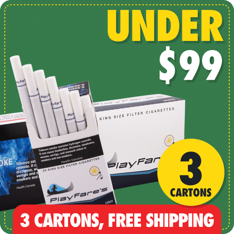 Cigarettes under 99 deal with three cartons including PlayFare’s Lights, free shipping banner on green background