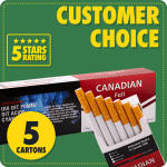 Customer Choice bundle image showing five cartons of Canadian Full cigarettes on green background with 5-star rating badge