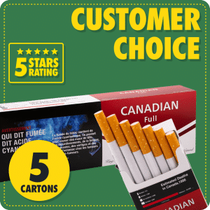 Customer Choice bundle image showing five cartons of Canadian Full cigarettes on green background with 5-star rating badge