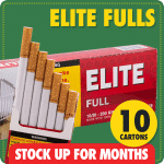 Elite Full Flavor bundle showing 10 red cartons stacked, green background and stock up for months label
