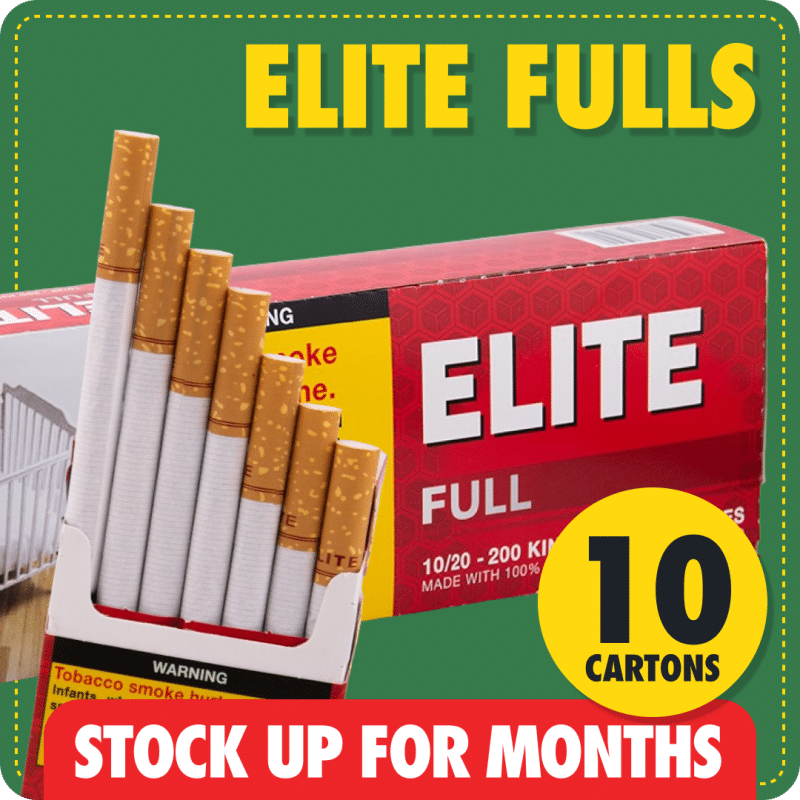 Elite Full Flavor bundle showing 10 red cartons stacked, green background and stock up for months label