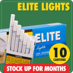 Elite Lights cigarette bundle with 10 blue cartons, green background and bold stock up text