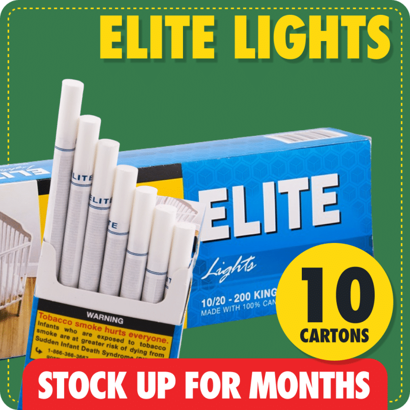 Elite Lights cigarette bundle with 10 blue cartons, green background and bold stock up text