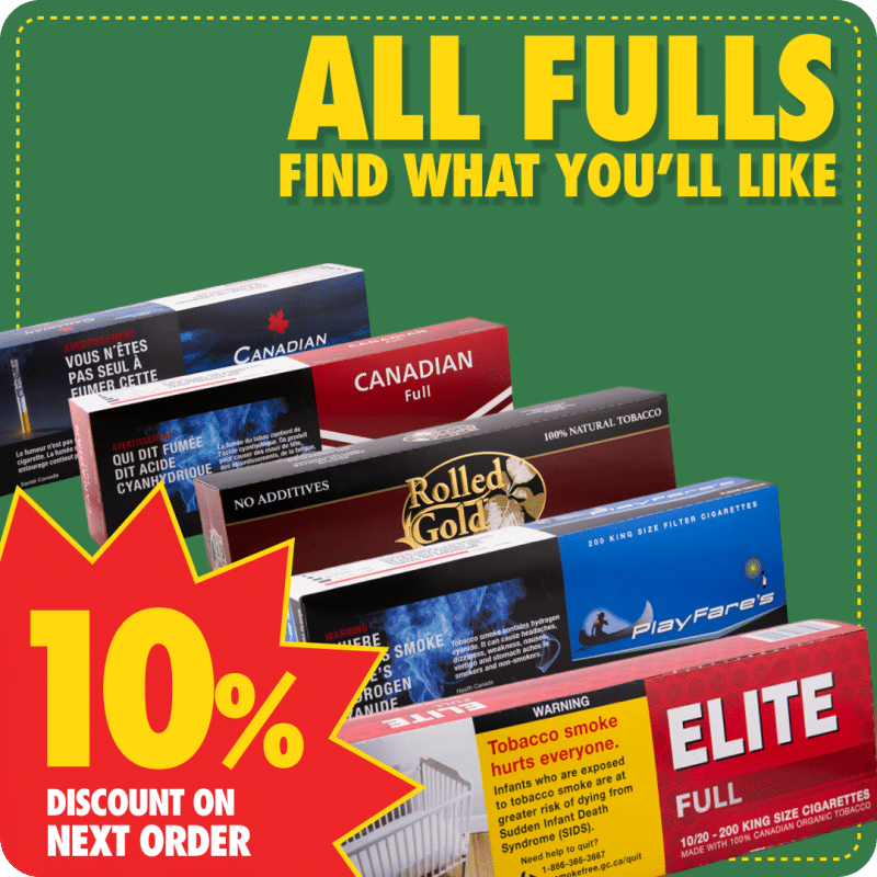 All Native Full Flavor Smokes promo showing 5 different cartons of full flavor smokes with 10 percent off banner