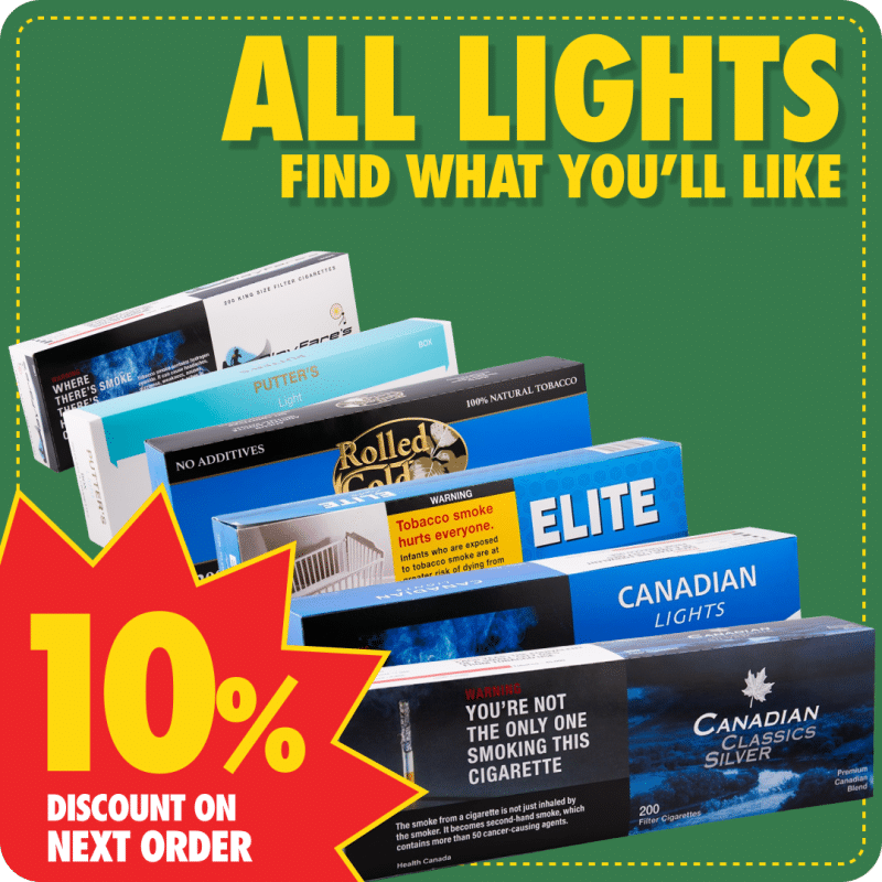 All Native Light Smokes promo showing 6 different cartons of light smokes with 10 percent off banner