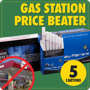 PlayFare's Full five-carton bundle with roulette wheel graphic and text about saving money versus gas station cigarettes