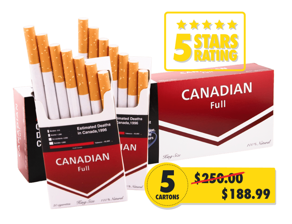 Packs and a carton of Canadian Full cigarettes, showing 5-star reviews rating and discount from $250 to $188.99 CAD for 5 cartons