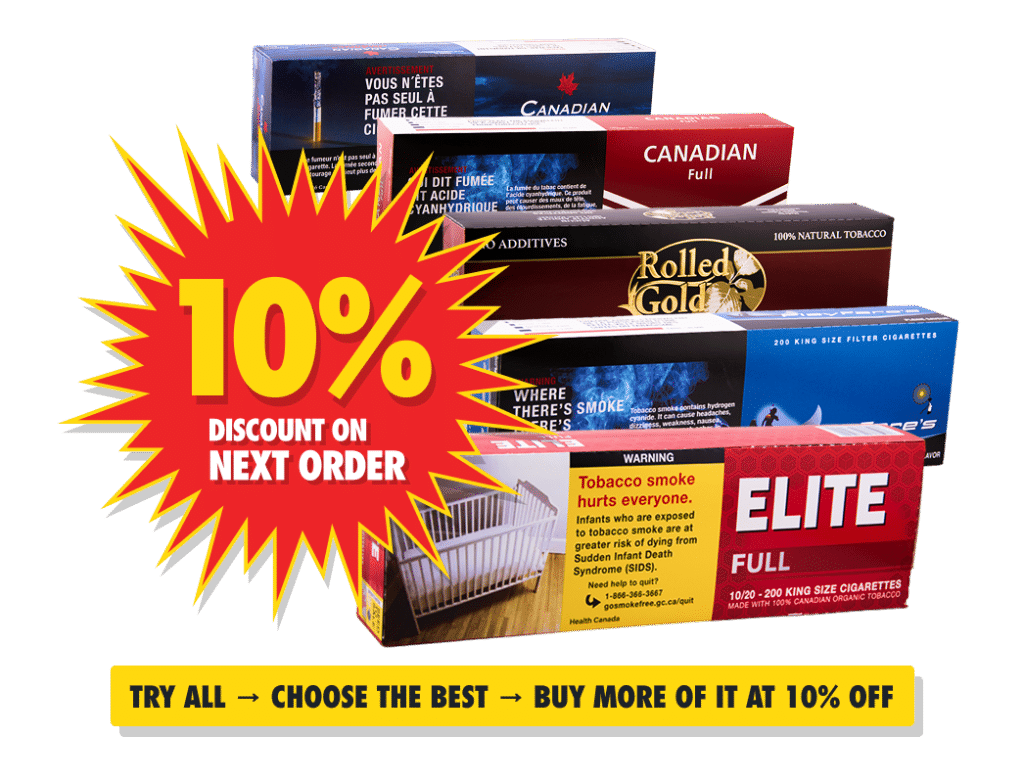 Cartons of full flavor cigarettes from all brands, showing 10% discount on next order