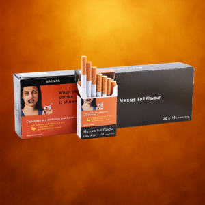 Nexus Full cigarettes carton on bright orange background