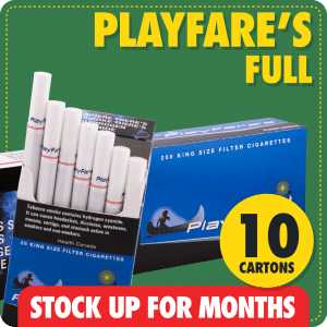 PlayFare’s Full Flavor bundle with 10 cartons stacked against green background and red stock up for months message