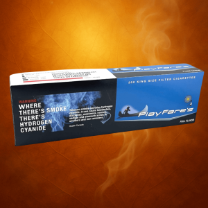 Carton of PlayFare's Full Flavor cigarettes on a brown background with tobacco leaves