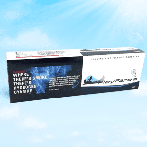 Carton of PlayFare's Light cigarettes on a dreamy sky-blue background
