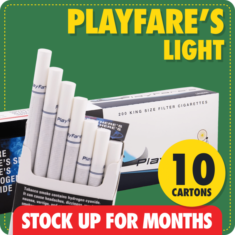 PlayFare’s Light cigarette bundle with 10 cartons, bright green background and red stock up banner