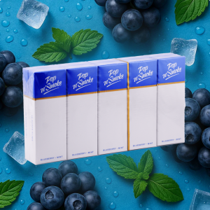 Pop N Smoke Blueberry cigarettes carton on light blue background