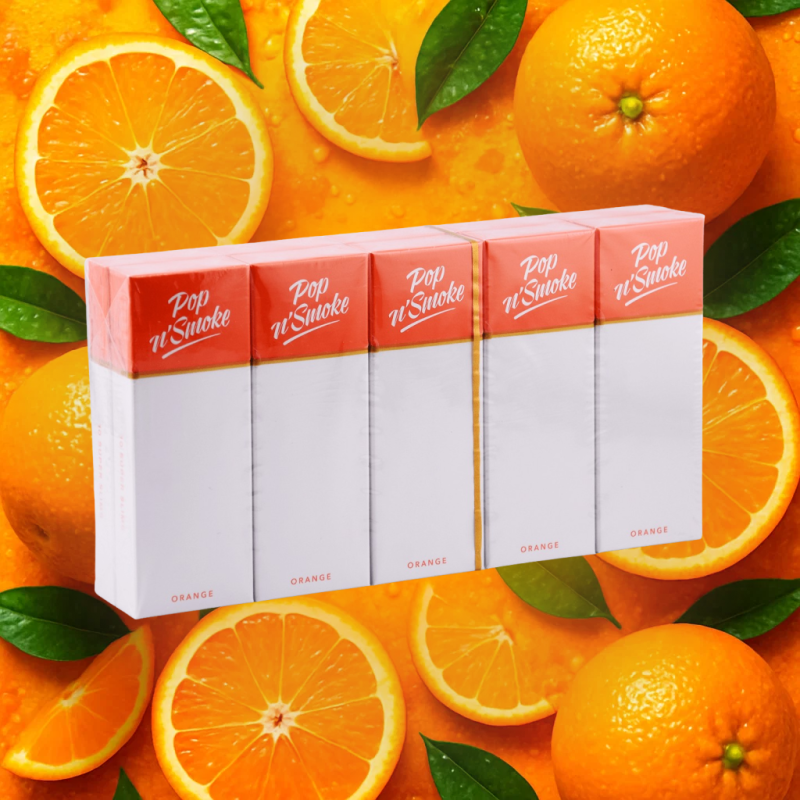 Pop N Smoke Orange cigarettes carton on purple background
