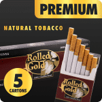 Premium Rolled Gold cigarette bundle with 5 cartons and high quality gold badge on dark green background