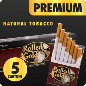 Premium Rolled Gold cigarette bundle with 5 cartons and high quality gold badge on dark green background