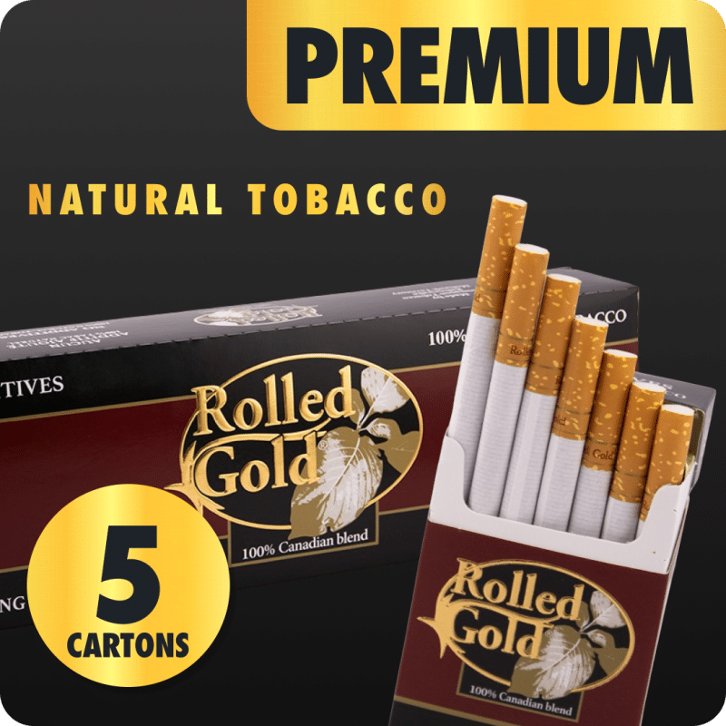 Premium Rolled Gold cigarette bundle with 5 cartons and high quality gold badge on dark green background