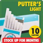 Putter’s Light stock up deal with 10 white and teal cartons on green background, red stock up banner