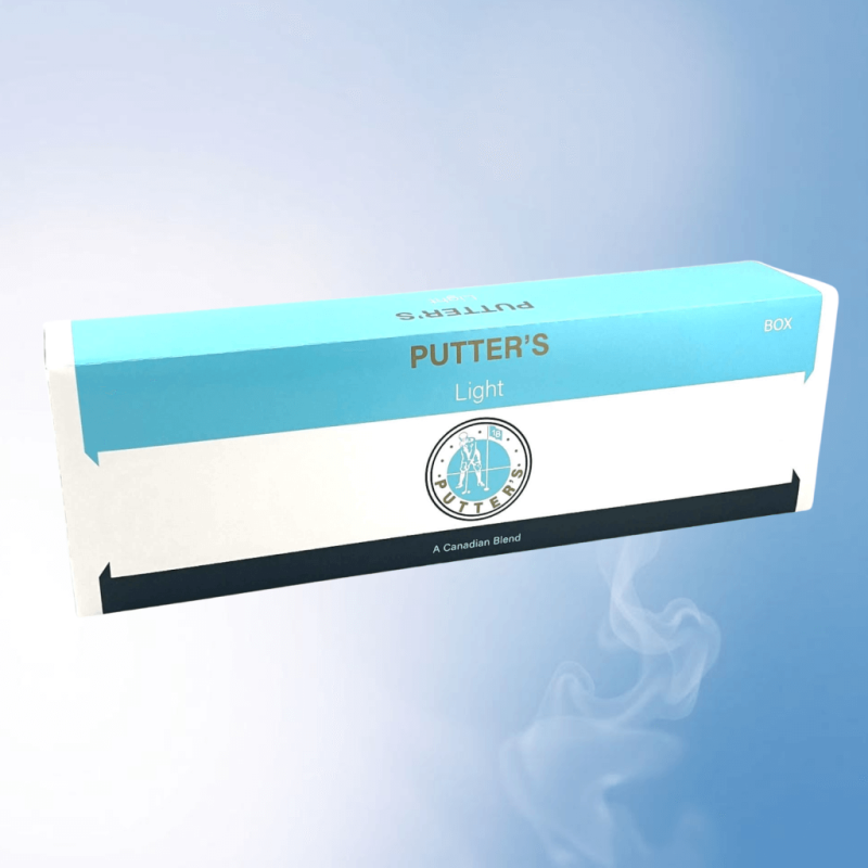 Carton of Putter's Light cigarettes on a blue background