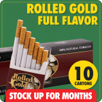 Rolled Gold Full Flavor bundle with 10 gold and white cartons, green background and bold stock up message