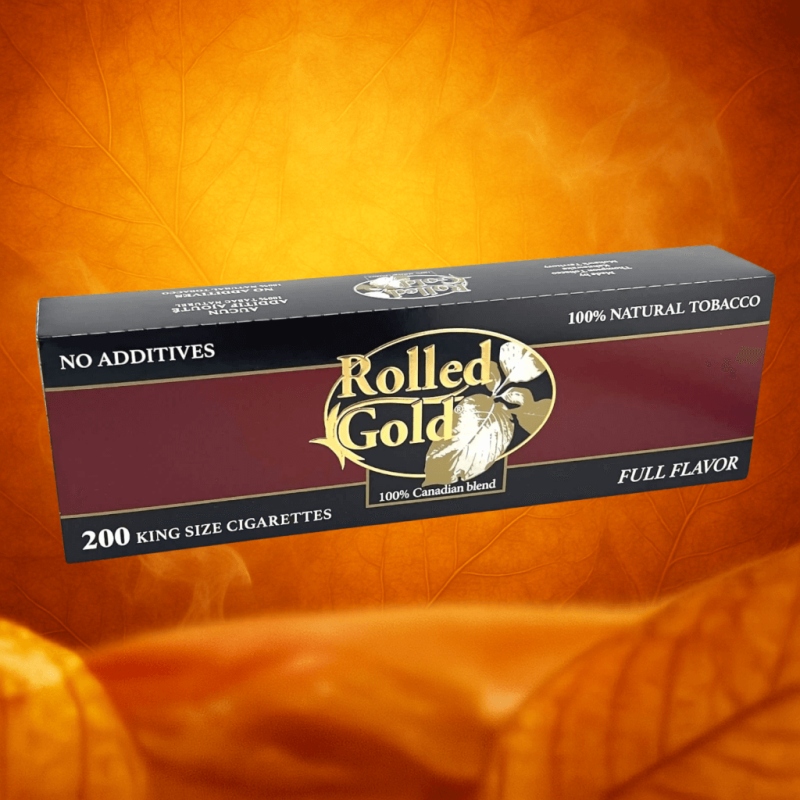 Carton of Rolled Gold Full Flavor cigarettes on an amber background