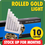Rolled Gold Lights stock up bundle showing 10 light cartons with green background and red months supply label