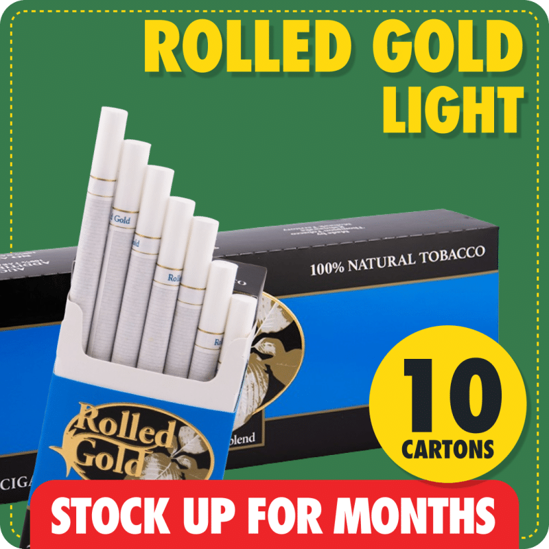 Rolled Gold Lights stock up bundle showing 10 light cartons with green background and red months supply label