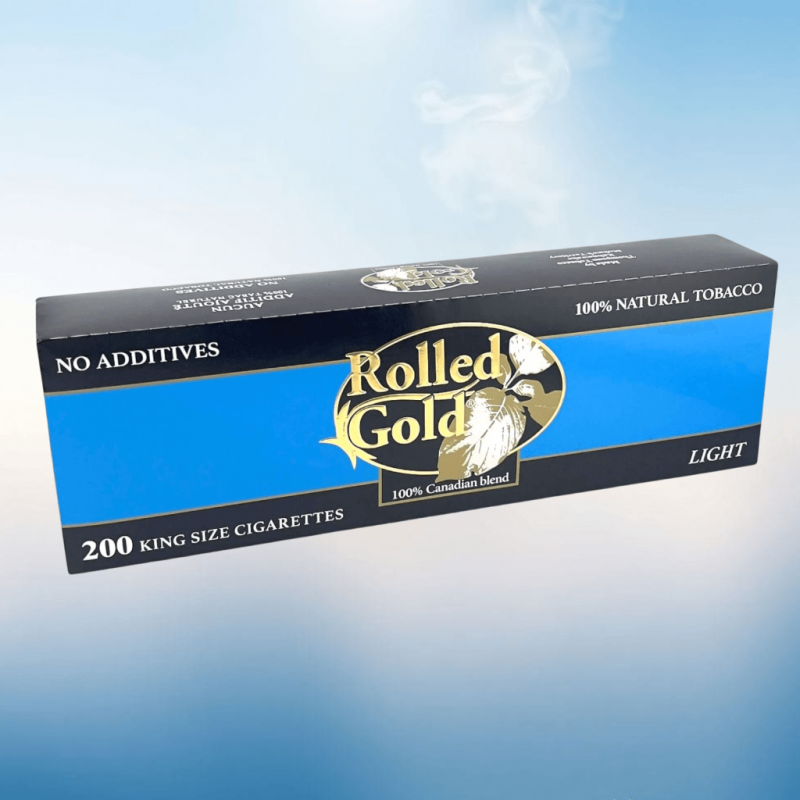 Carton of Rolled Gold Light cigarettes on a blue background