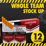 Whole Team stock up bundle, a carton and packs of Canadian Full, showing the sign 12 cartons
