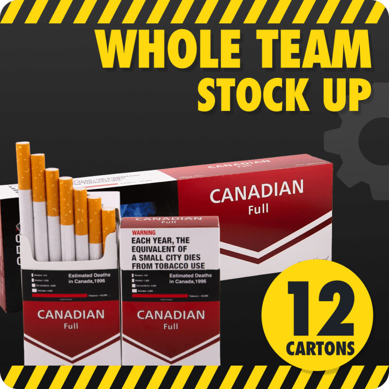 Whole Team stock up bundle, a carton and packs of Canadian Full, showing the sign 12 cartons