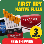 Trying Native Full Flavor promo with three Canadian Full cartons, red free shipping banner, stadium lights background