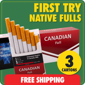 Trying Native Full Flavor promo with three Canadian Full cartons, red free shipping banner, stadium lights background