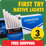 Trying Native Lights promo showing three Canadian Lights cartons with free shipping badge and night sky background