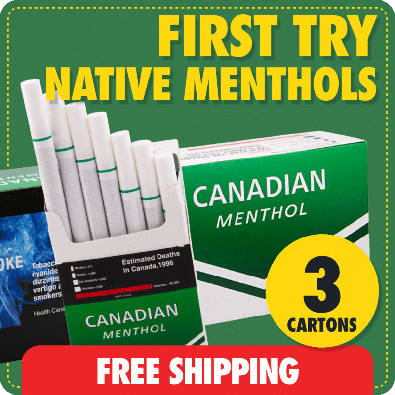 Trying Native Menthols deal with three Canadian Menthol cartons, green background and red free shipping badge